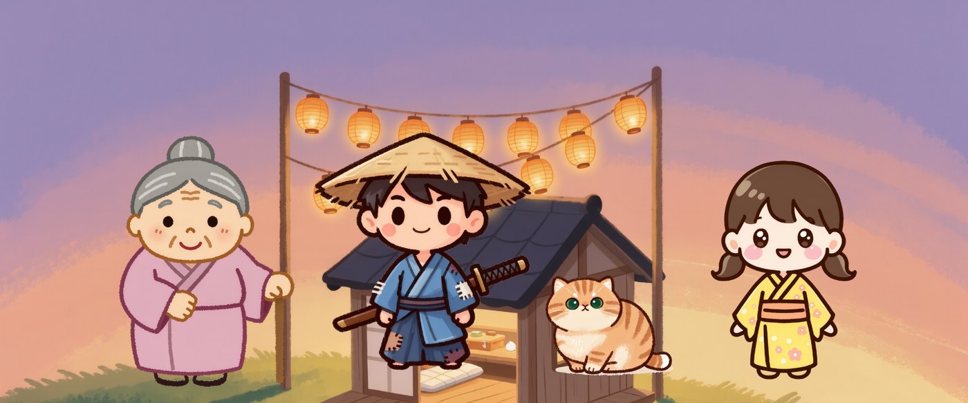 Granny Ume, Horan and Mei under glowing lanterns at dusk, with Mochi in her new house