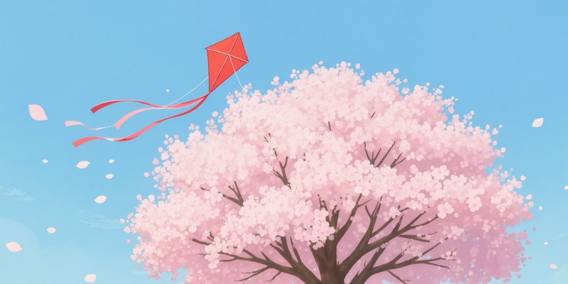 Mei's red kite caught above the pink cherry tree