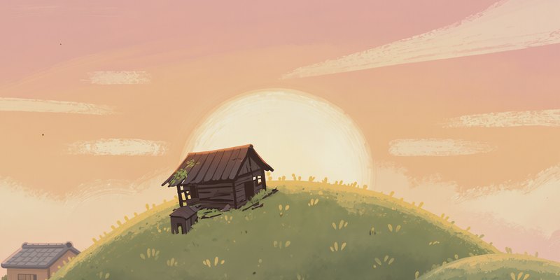 Horan's little house on top of a grassy hill at sunset