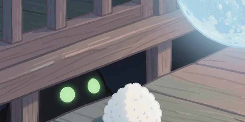 Two glowing eyes under the floor of the old house, beside a rice ball